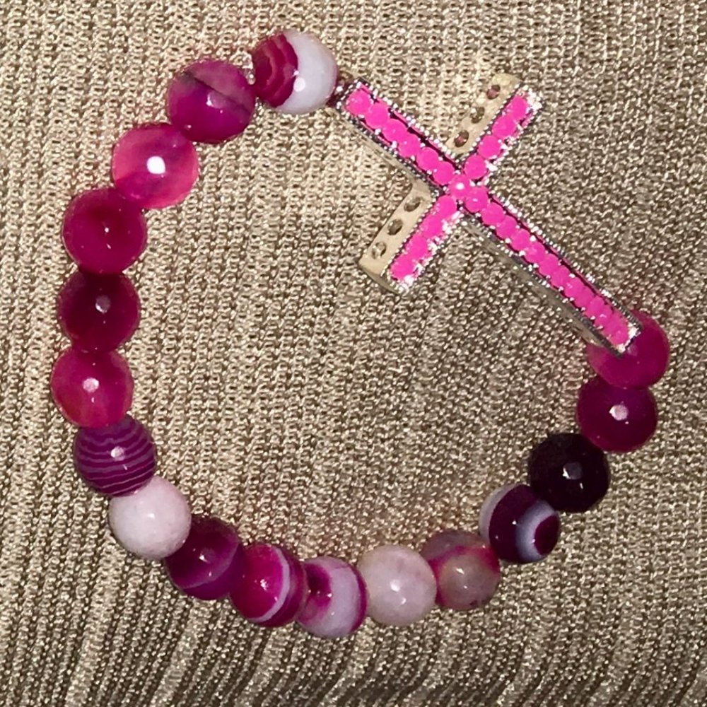 Crystal Cross Collection: Pink Agate Precious Stones Bracelet - Picture 2 of 6